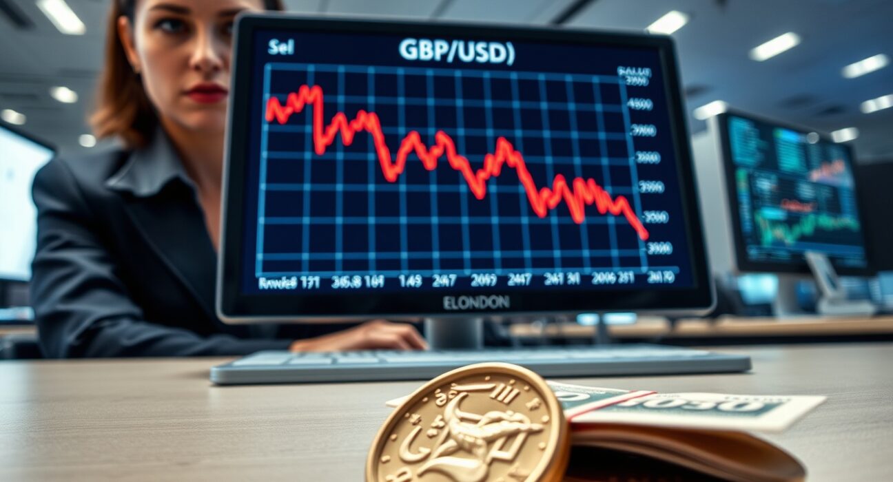 Financial analyst monitors falling GBP/USD exchange rate as pound sterling slips against the US dollar.