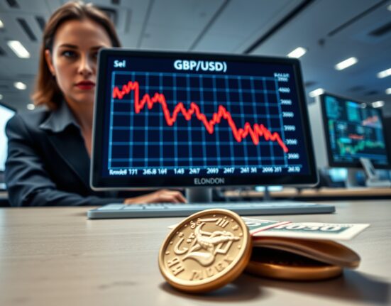 Financial analyst monitors falling GBP/USD exchange rate as pound sterling slips against the US dollar.
