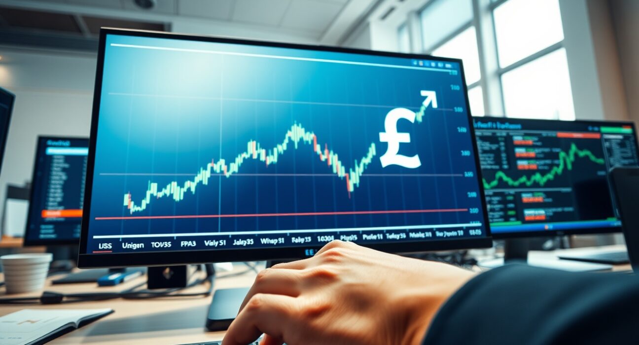 GBP/USD exchange rate chart on trading desk as pound sterling reacts to US inflation data