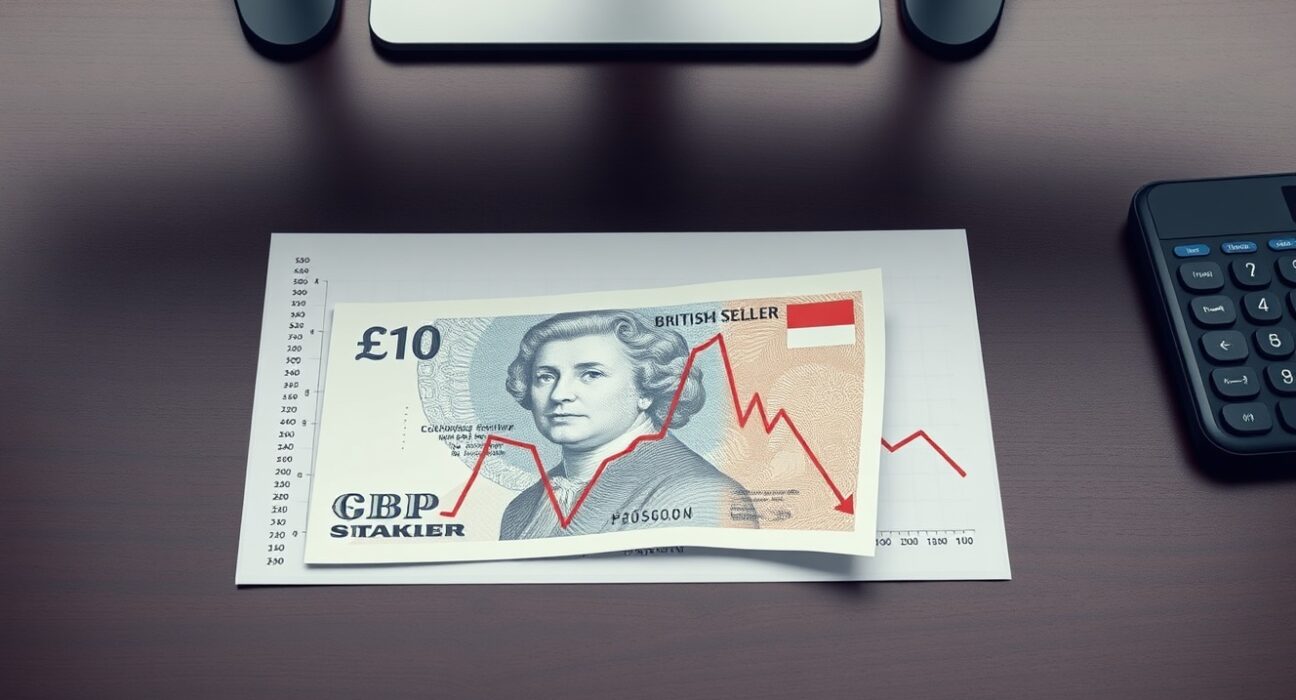 Pound Sterling banknote and economic chart showing downward trend during BoE policy week
