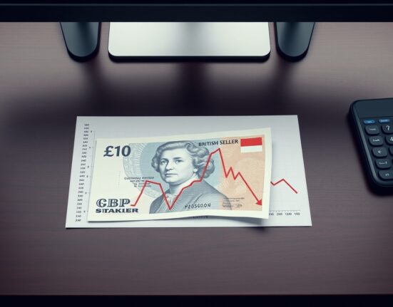 Pound Sterling banknote and economic chart showing downward trend during BoE policy week