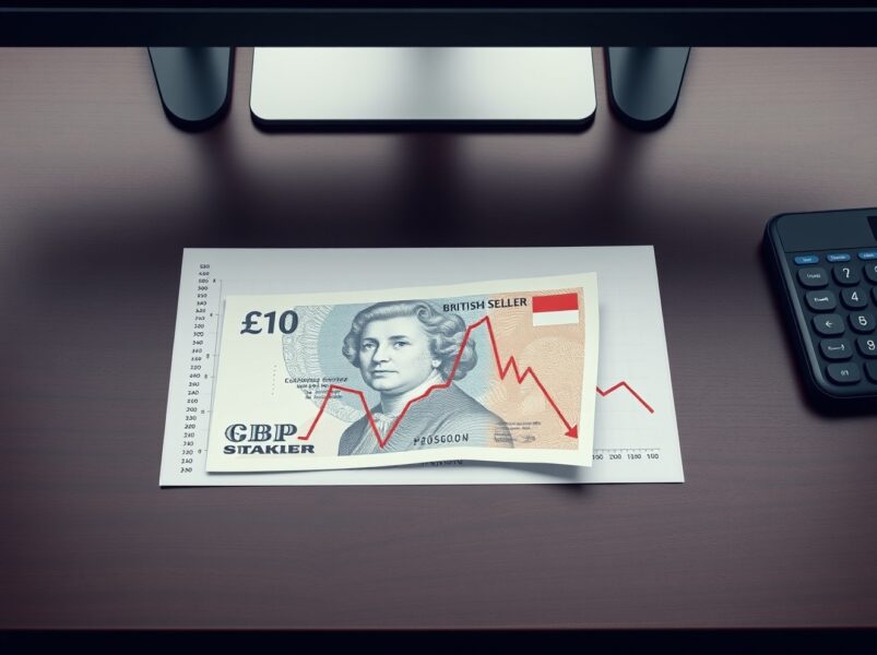 Pound Sterling banknote and economic chart showing downward trend during BoE policy week