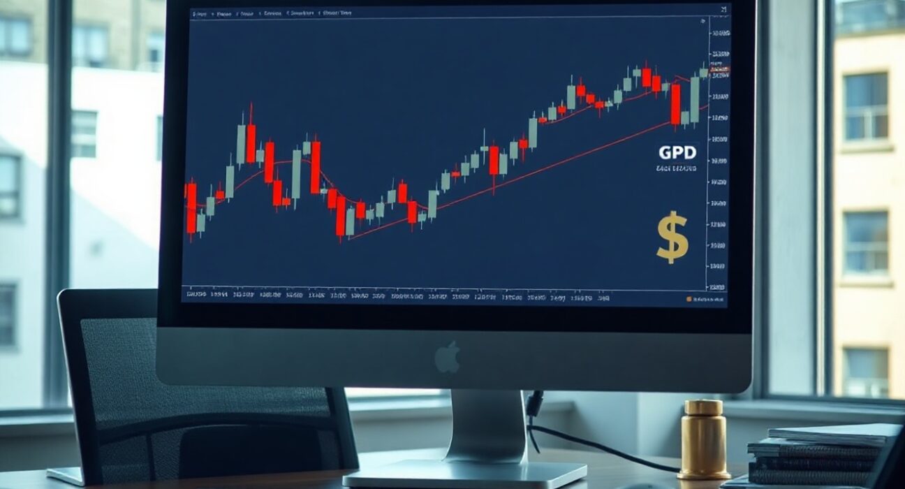 Analyst reviewing GBP/USD chart on screen in modern trading office