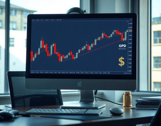 Analyst reviewing GBP/USD chart on screen in modern trading office