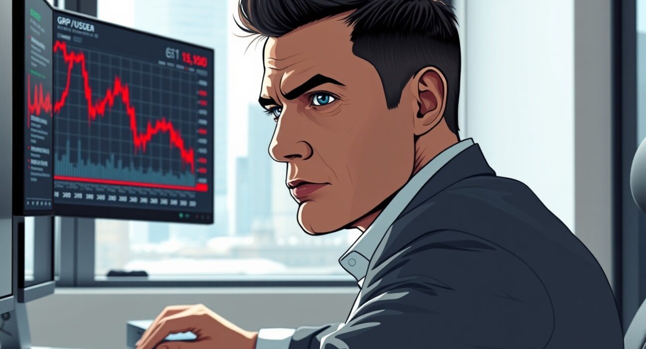 Trader monitoring GBP/USD decline following Trump's geopolitical statements affecting currency markets.