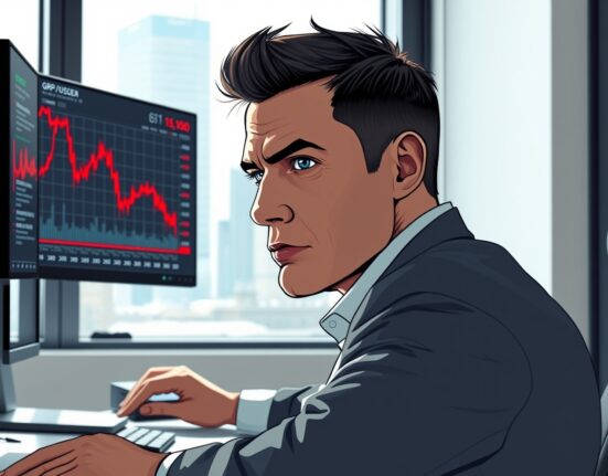 Trader monitoring GBP/USD decline following Trump's geopolitical statements affecting currency markets.