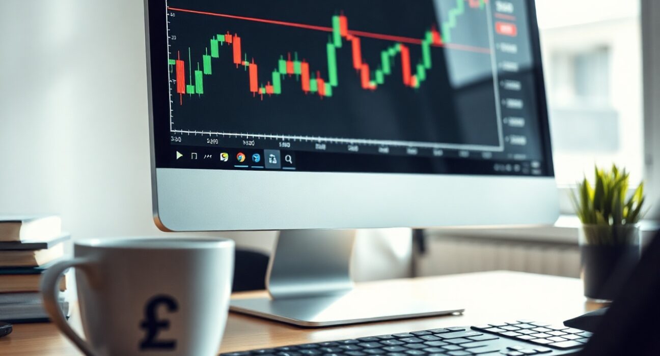 Analyst reviewing GBP/USD chart on monitor with British pound and US dollar symbols