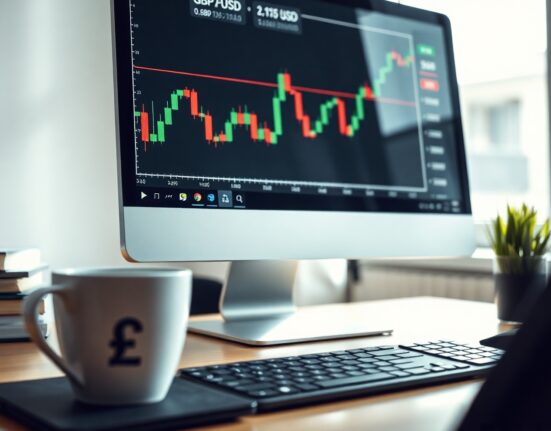 Analyst reviewing GBP/USD chart on monitor with British pound and US dollar symbols
