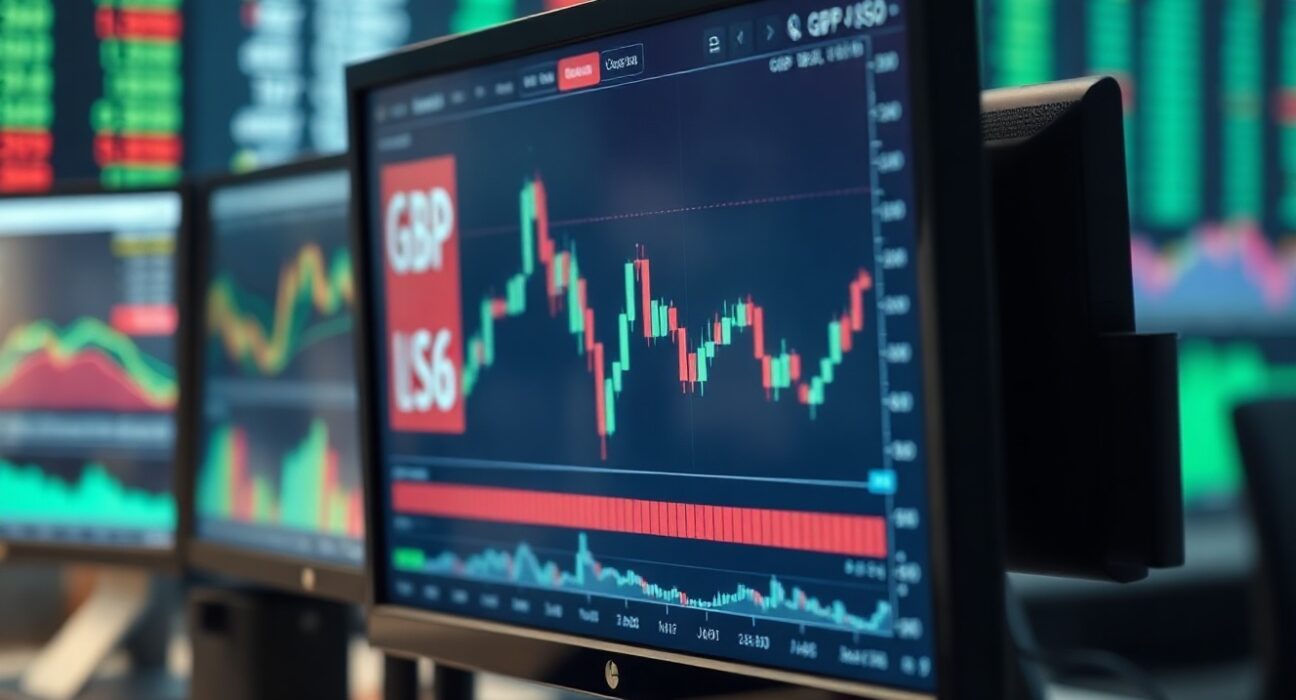 GBP/USD chart on trading screen with pound and dollar symbols