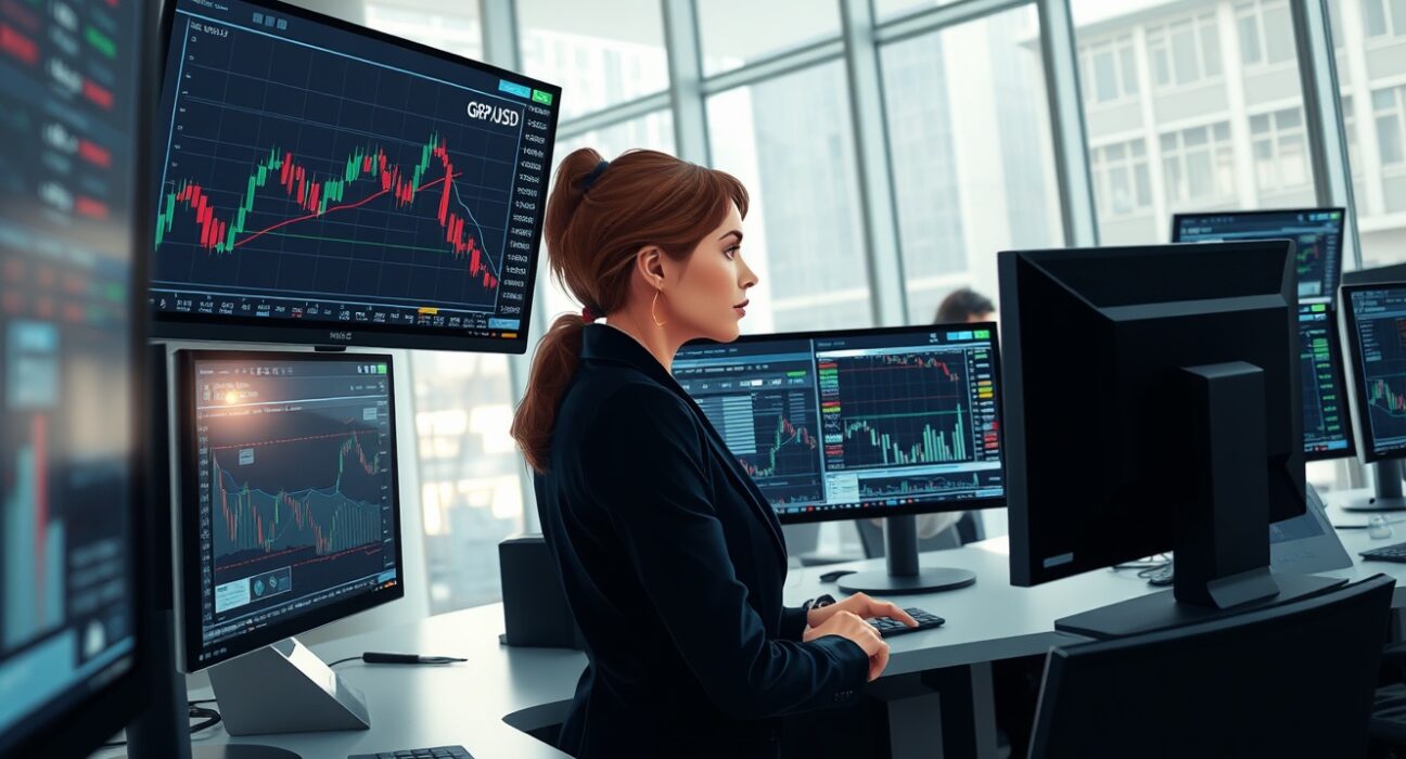 Financial analyst in London monitors GBP/USD charts amid market volatility from US-Iran tensions.