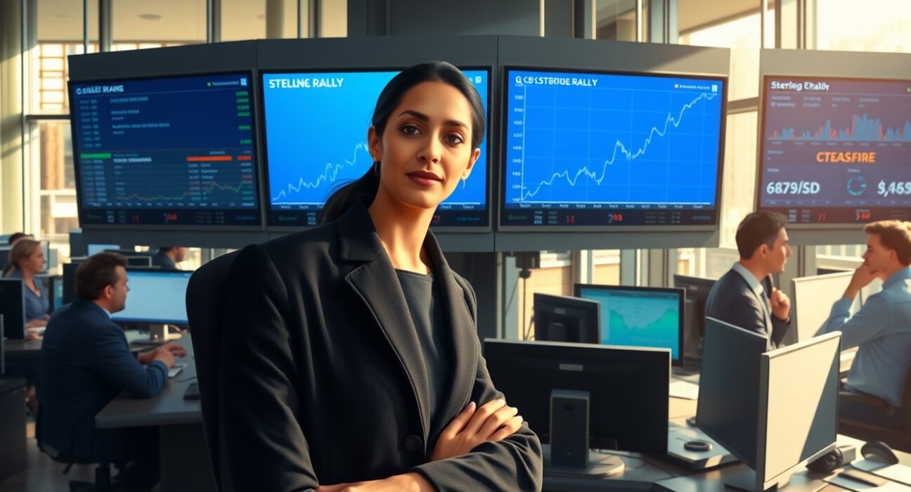 Trader monitors Pound Sterling surge on Bloomberg Terminal following US-Iran ceasefire news.