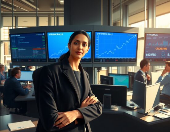 Trader monitors Pound Sterling surge on Bloomberg Terminal following US-Iran ceasefire news.