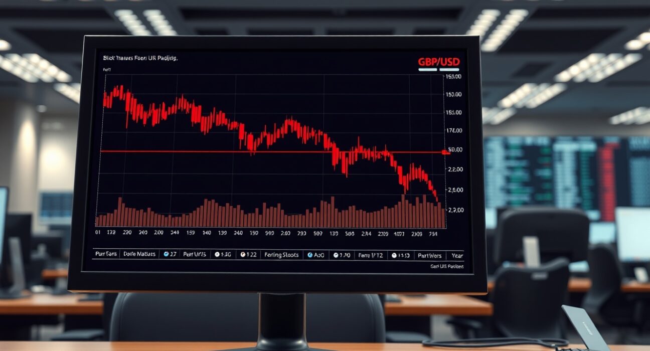 GBP/USD forex chart declining on a trading desk monitor amid Middle East geopolitical tensions.