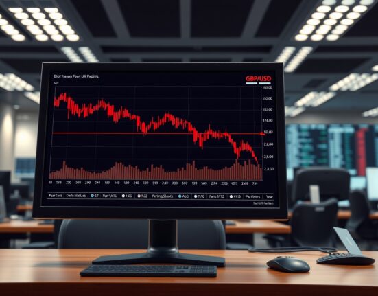 GBP/USD forex chart declining on a trading desk monitor amid Middle East geopolitical tensions.