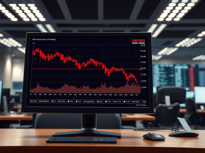 GBP/USD forex chart declining on a trading desk monitor amid Middle East geopolitical tensions.