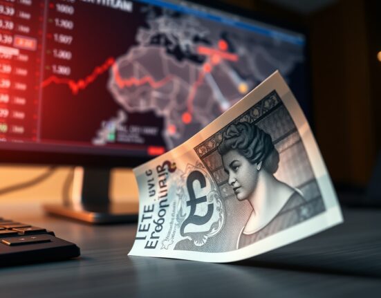 British Pound banknote with Middle East map background illustrating currency impact from geopolitical tensions.