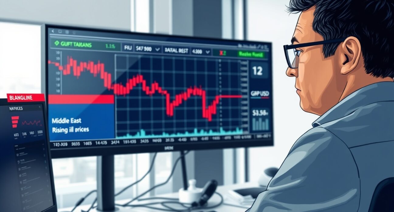 Trader in London monitors falling Pound Sterling GBP/USD rate amid Middle East tension news.