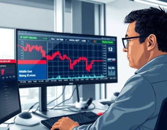 Trader in London monitors falling Pound Sterling GBP/USD rate amid Middle East tension news.