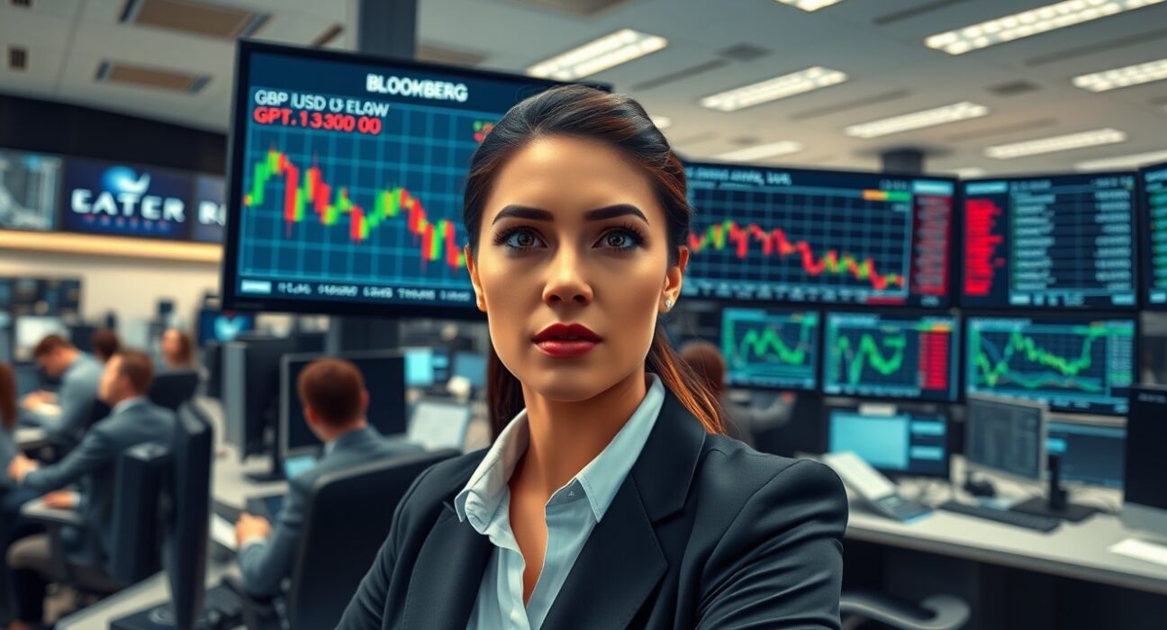 Trader analyzes GBP/USD forex chart showing Pound Sterling weakening below 1.3300 against US Dollar.