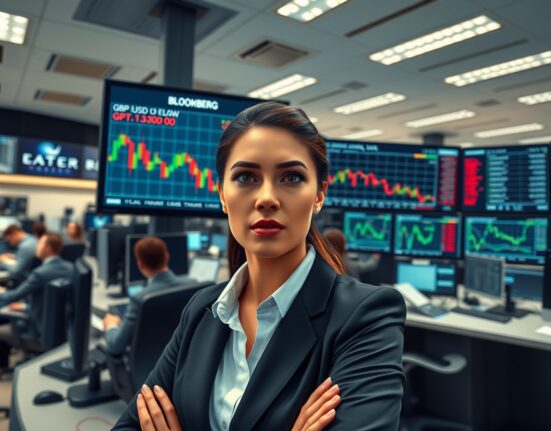 Trader analyzes GBP/USD forex chart showing Pound Sterling weakening below 1.3300 against US Dollar.