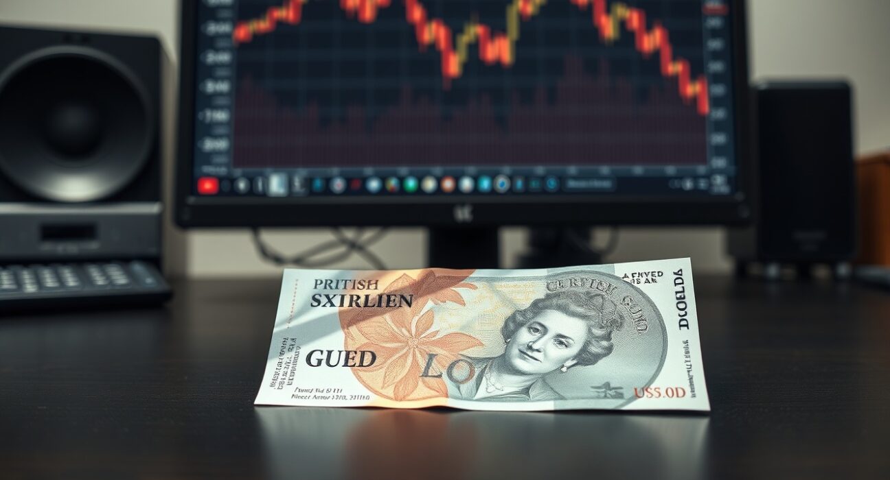 GBP and USD banknotes on a desk with a computer monitor showing a declining forex chart