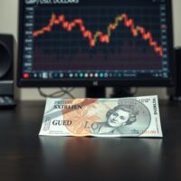 GBP and USD banknotes on a desk with a computer monitor showing a declining forex chart