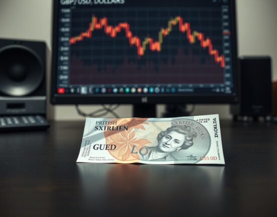 GBP and USD banknotes on a desk with a computer monitor showing a declining forex chart