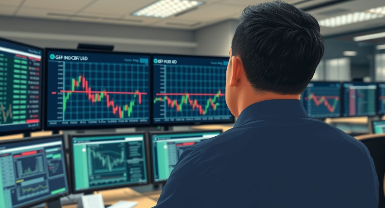 Trader analyzing GBP/USD currency pair falling to 1.3500 on financial market screens.