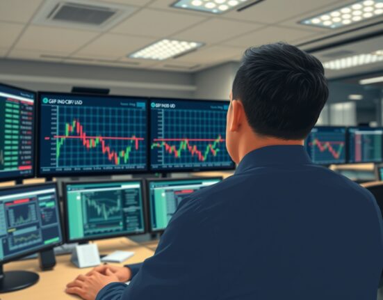 Trader analyzing GBP/USD currency pair falling to 1.3500 on financial market screens.