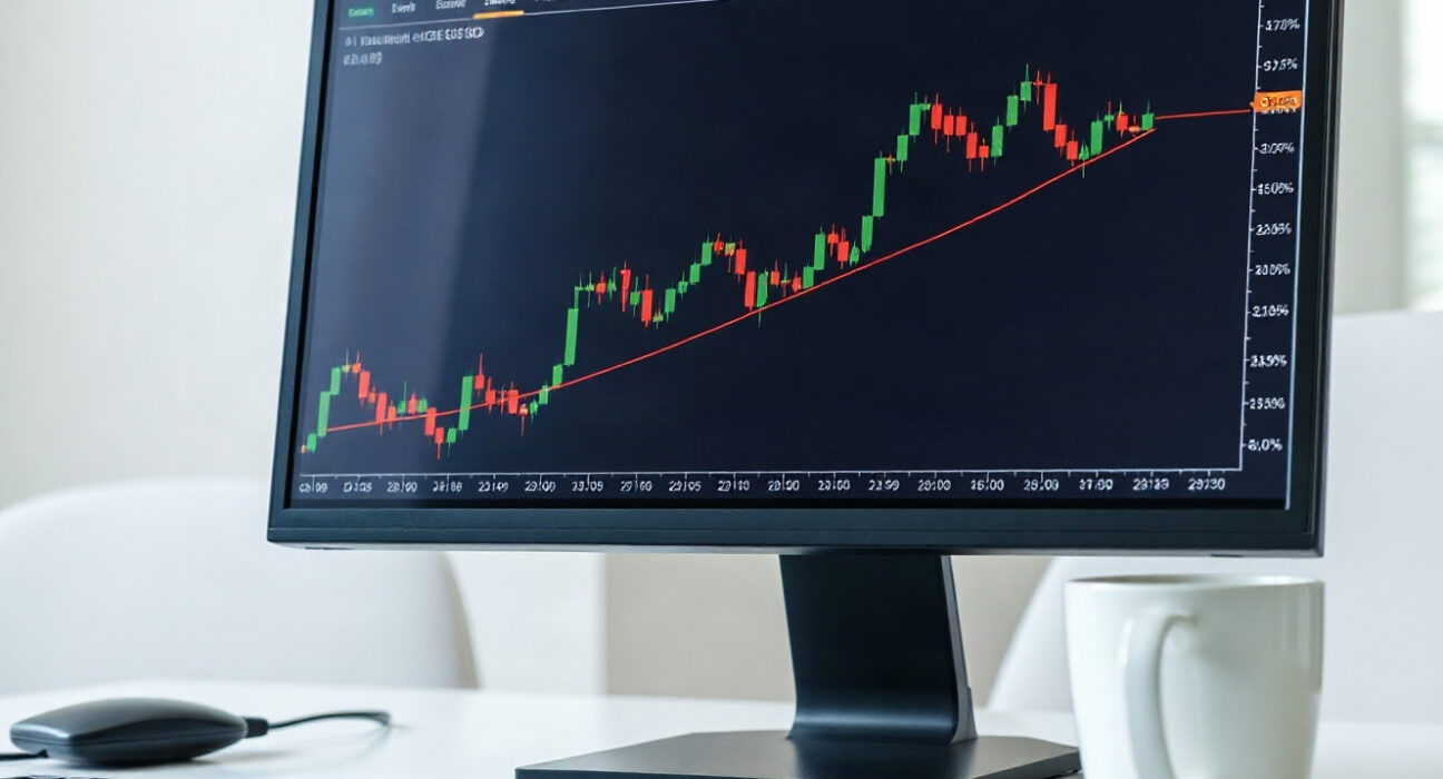 Analyst reviewing GBP/USD chart on trading monitor, showing weekly gains