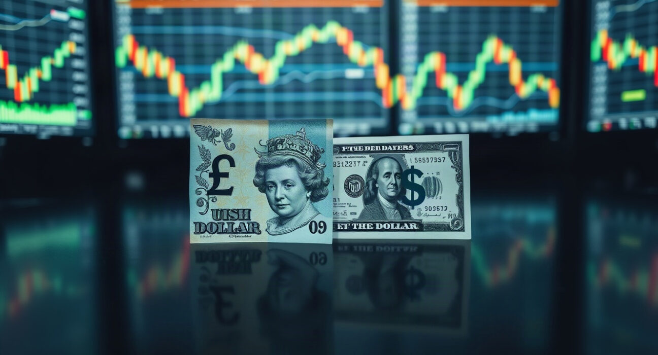 GBP/USD currency pair with pound and dollar banknotes on trading desk