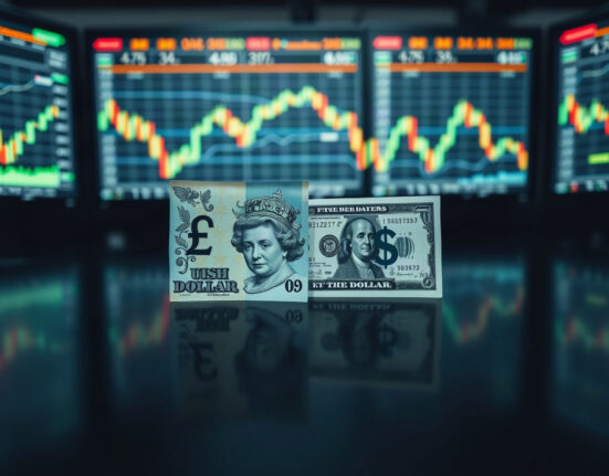 GBP/USD currency pair with pound and dollar banknotes on trading desk