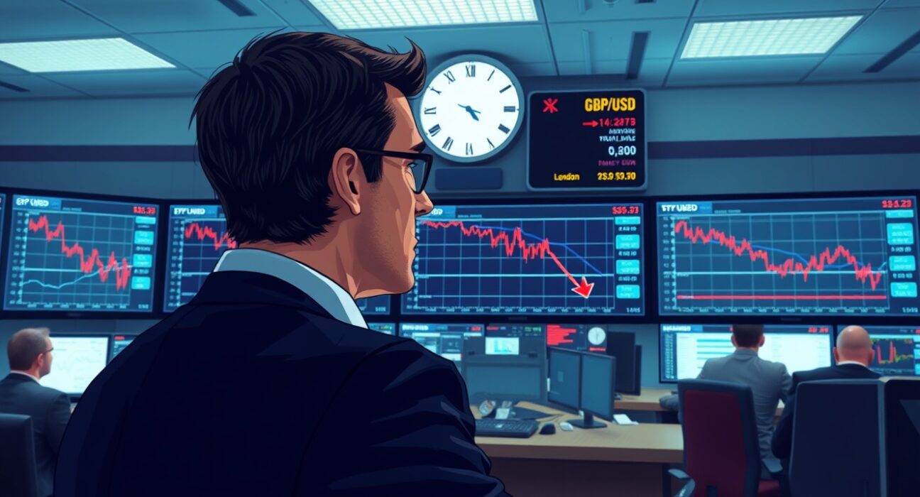 Trader monitors falling GBP/USD exchange rate on forex screens amid White House deadline news.