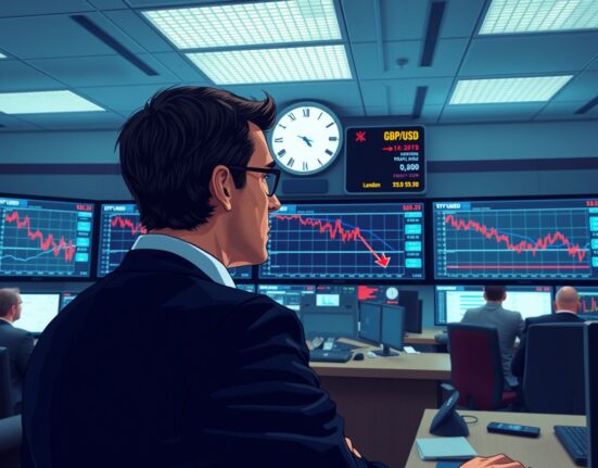 Trader monitors falling GBP/USD exchange rate on forex screens amid White House deadline news.