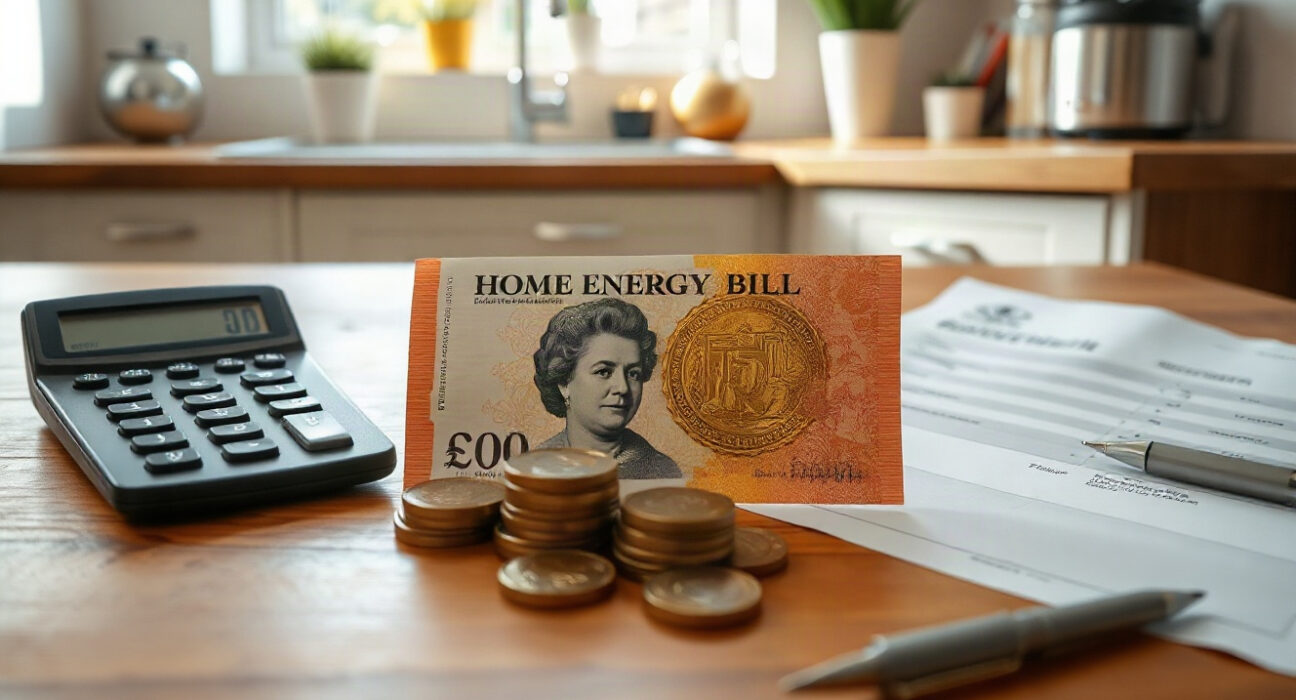 British pound banknotes and coins beside a home energy bill and calculator