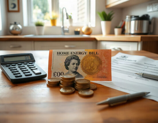 British pound banknotes and coins beside a home energy bill and calculator