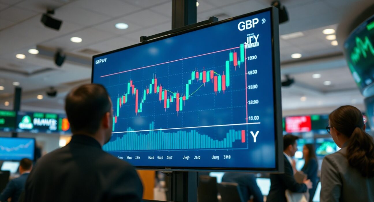 GBP/JPY currency pair chart on a trading screen in a financial newsroom