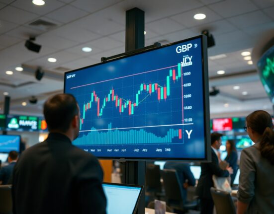 GBP/JPY currency pair chart on a trading screen in a financial newsroom