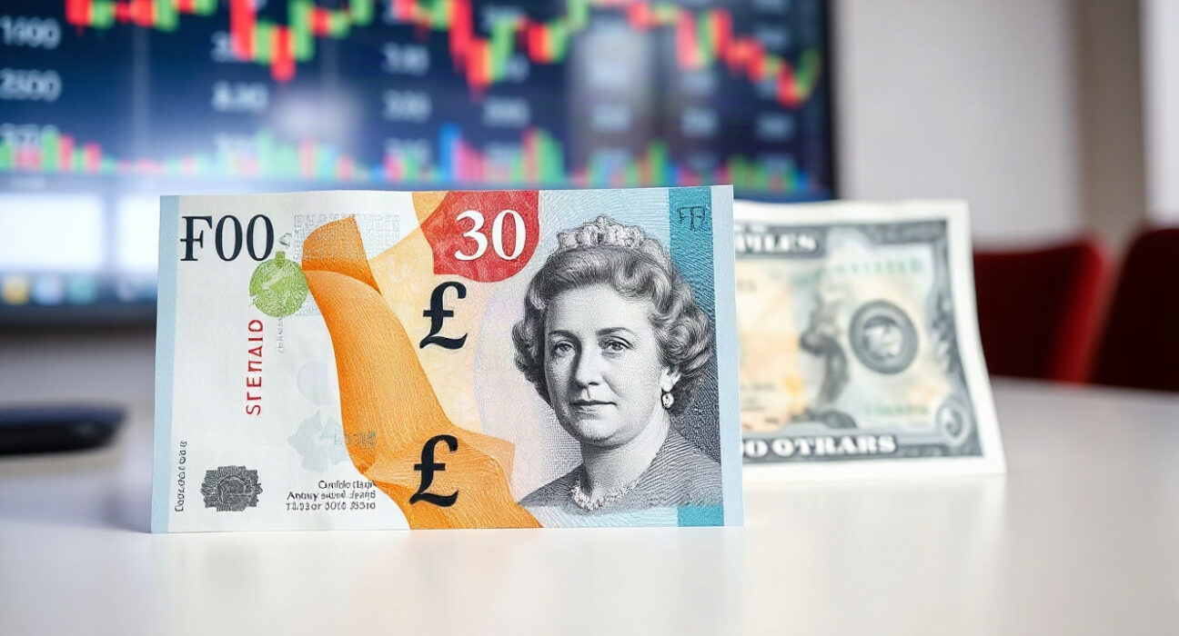 British pound and US dollar banknotes on a neutral background, symbolizing GBP/USD exchange rate movements.