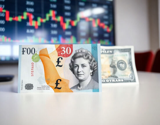 British pound and US dollar banknotes on a neutral background, symbolizing GBP/USD exchange rate movements.