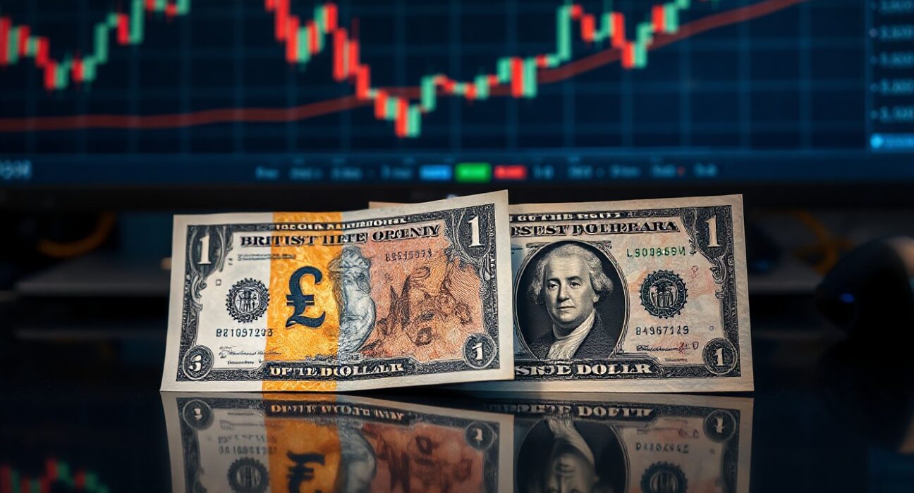 British Pound and US Dollar banknotes on a trading desk with chart background
