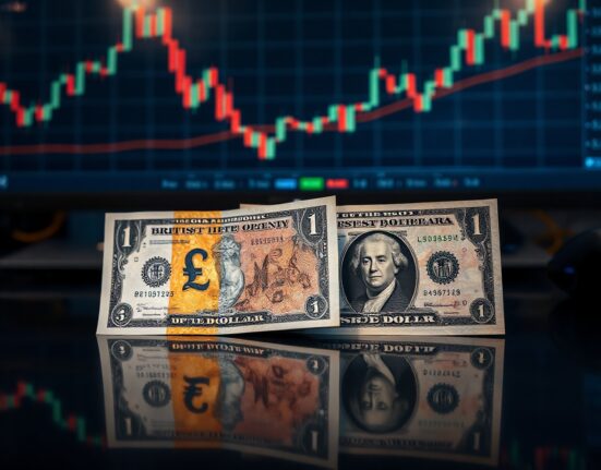 British Pound and US Dollar banknotes on a trading desk with chart background