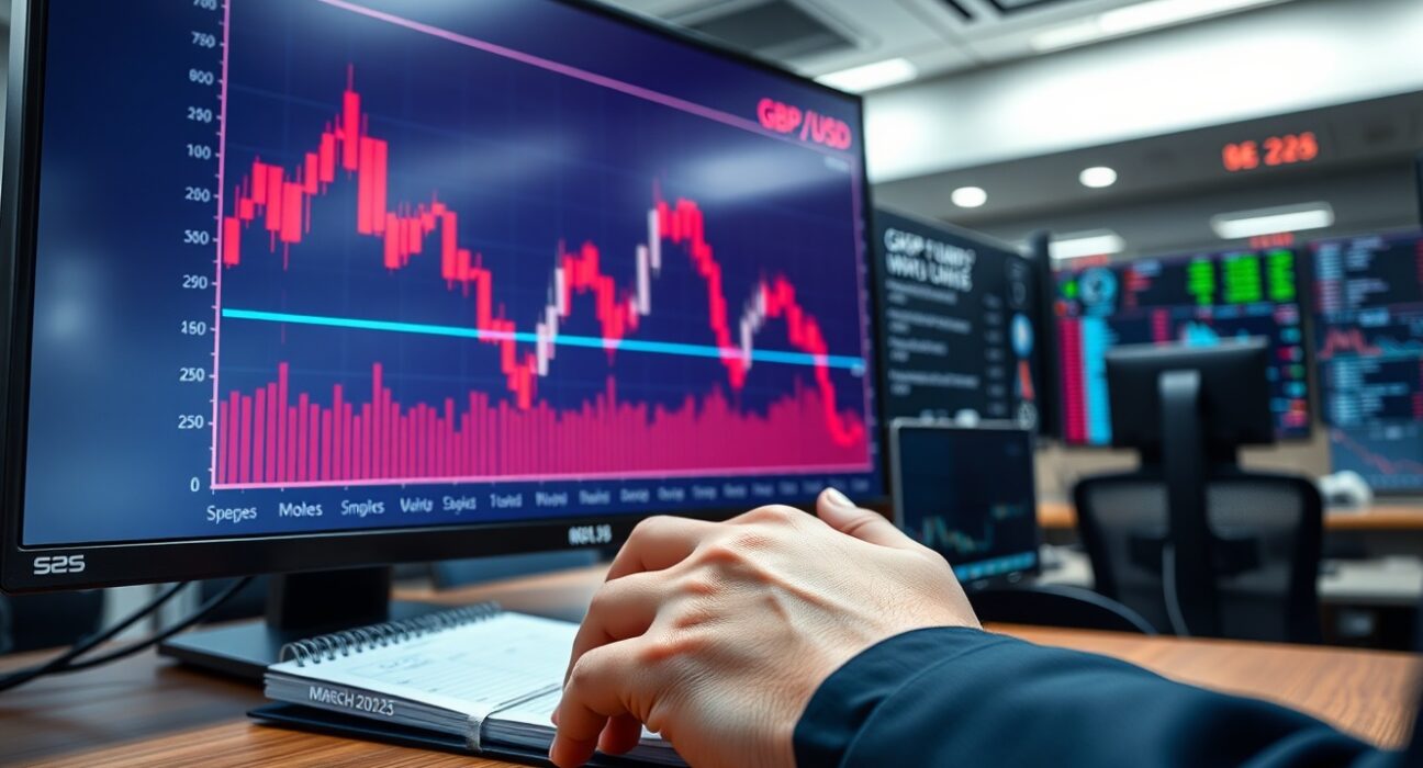 British Pound to US Dollar exchange rate chart falling as trader monitors volatile forex markets in March 2025.