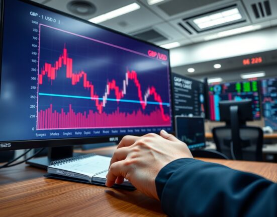 British Pound to US Dollar exchange rate chart falling as trader monitors volatile forex markets in March 2025.