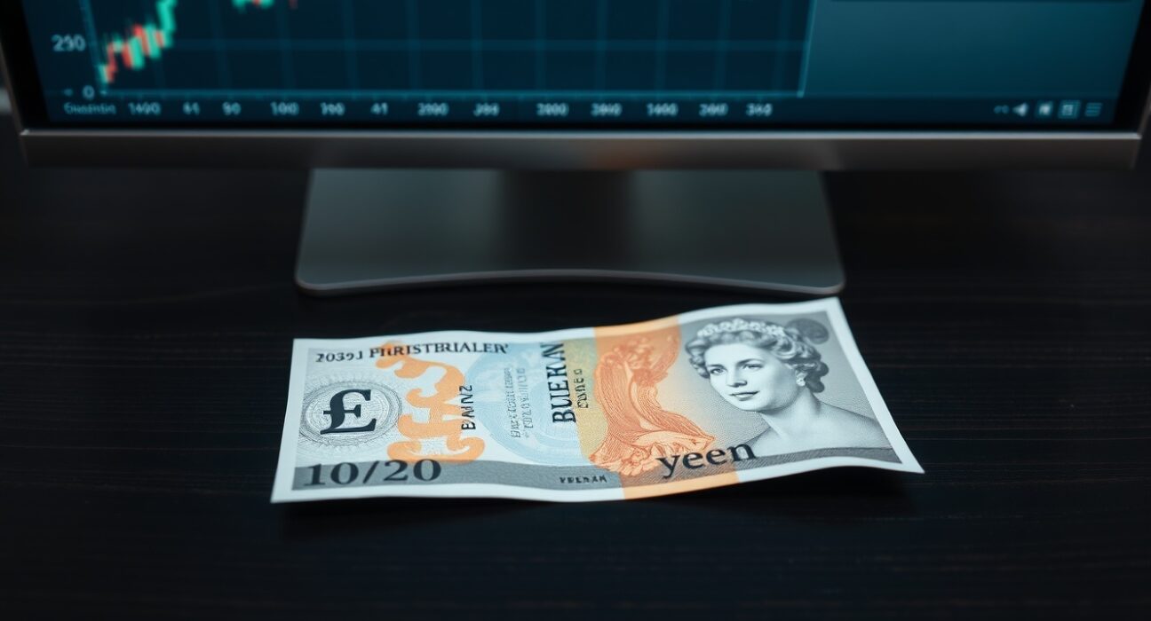British pound and Japanese yen banknotes on a desk with a financial chart in the background.