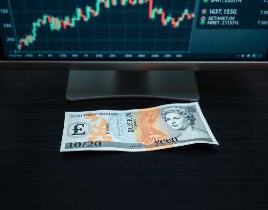 British pound and Japanese yen banknotes on a desk with a financial chart in the background.
