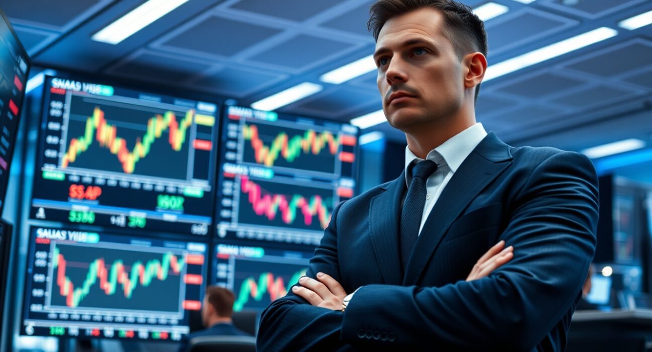 Trader watching forex screens showing GBP/USD and USD/JPY charts in a London trading floor.