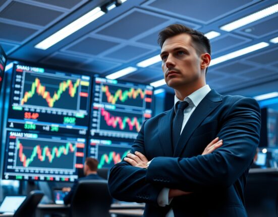 Trader watching forex screens showing GBP/USD and USD/JPY charts in a London trading floor.