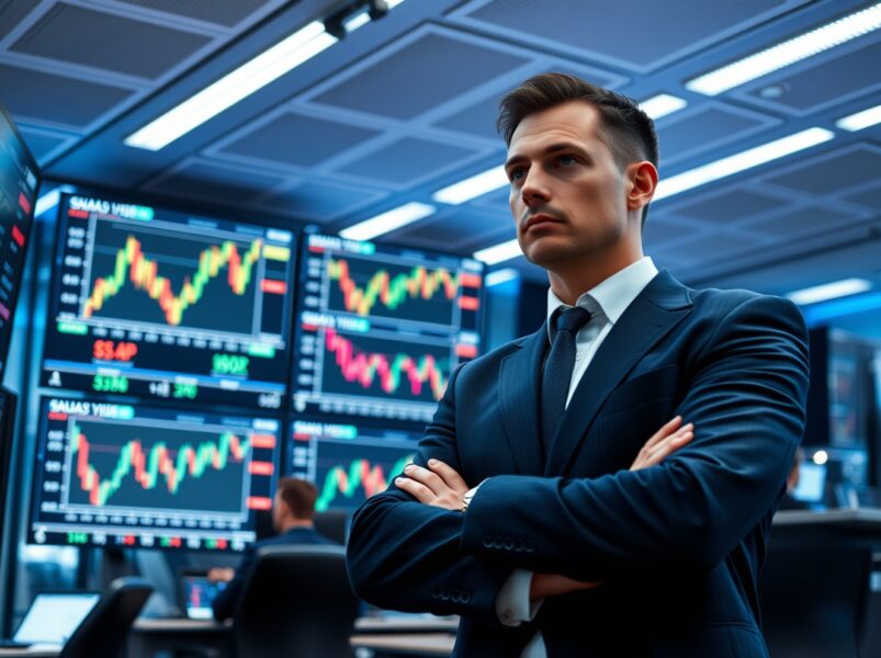 Trader watching forex screens showing GBP/USD and USD/JPY charts in a London trading floor.