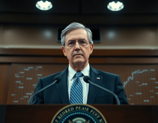 Federal Reserve Chair Jerome Powell speaking at a press conference with digital data overlay in background.